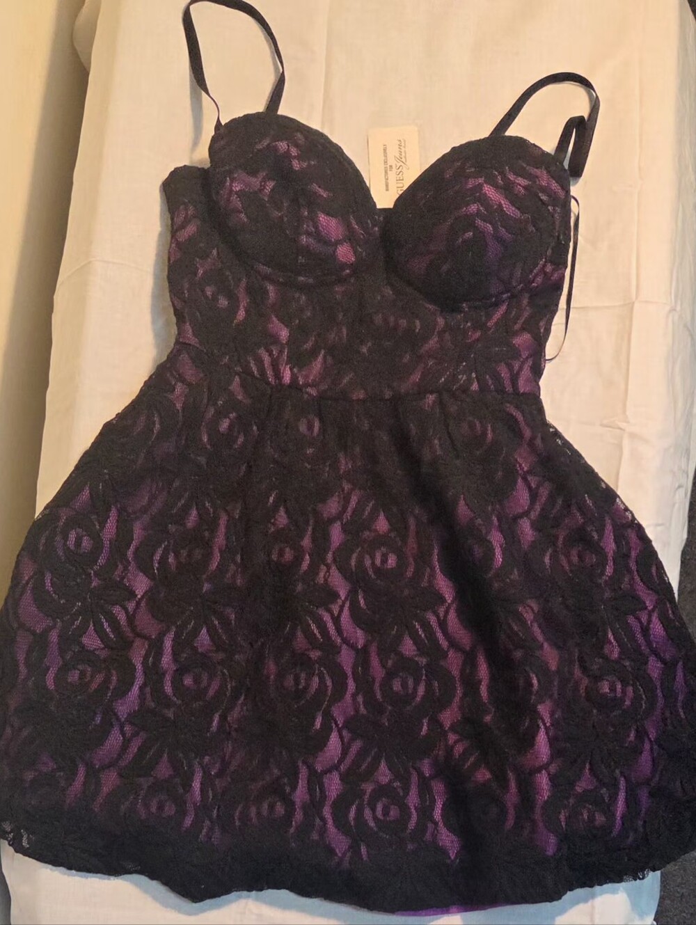 Guess Black Lace Overlay Mini Dress with Purple Lining